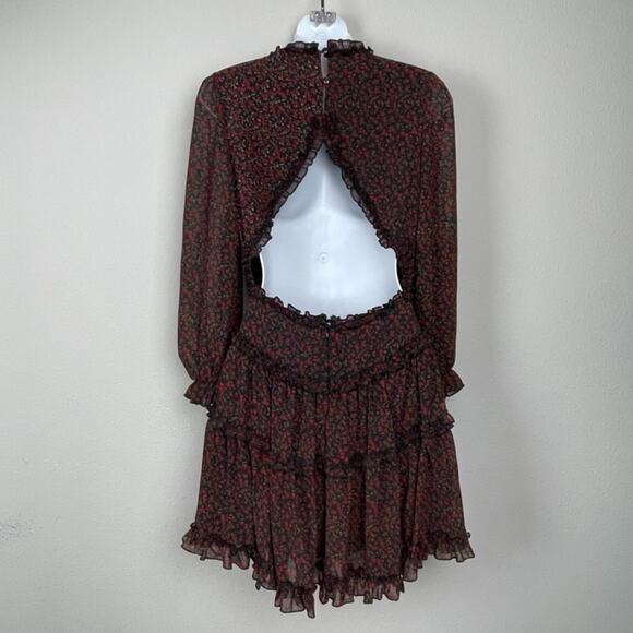 Marble Floral Ruffle Mini Dress S Black Red Open Back Coquette Fairycore Goth - Picture 7 of 9
